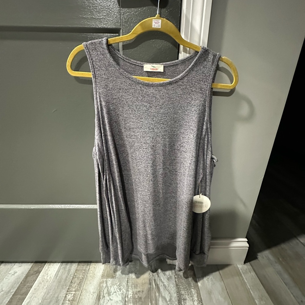 Black white Greyish Medium Hummingbird cold shoulder top,cold shoulder has a tie